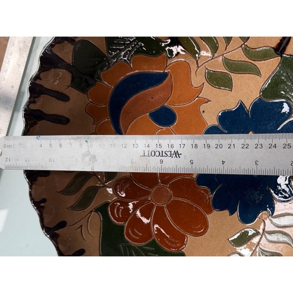 Handmade Studio Art Pottery Bowl Signed Aparicio Floral Scalloped Rim 10" - Picture 5 of 7